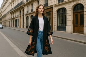 femme portant une veste légère noire fleurie sur un street parisien
