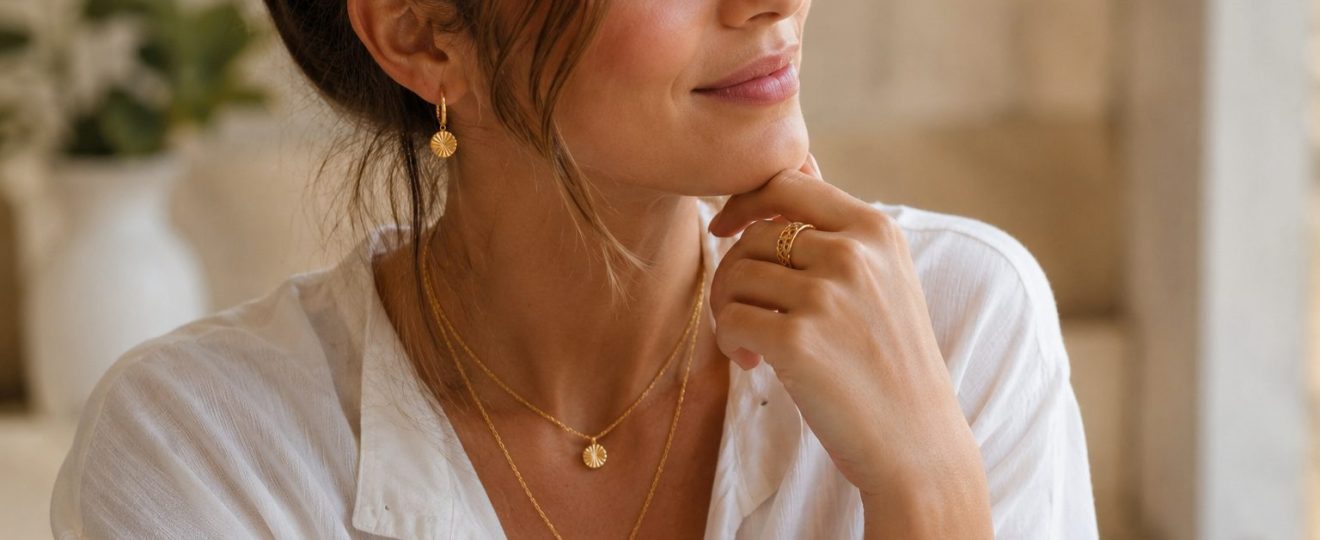 femme portant bijoux fins dorés élégants et minimalistes