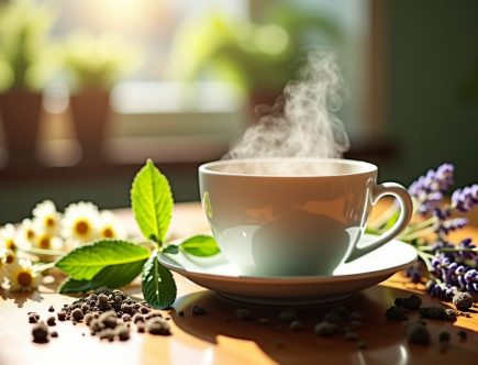 tasse d'infusion fumante entourée de fleurs séchées, lavande et plantes aromatiques