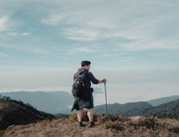 Solo hiker with backpack and walking stick looking at breathtaking mountain landscape under blue sky.