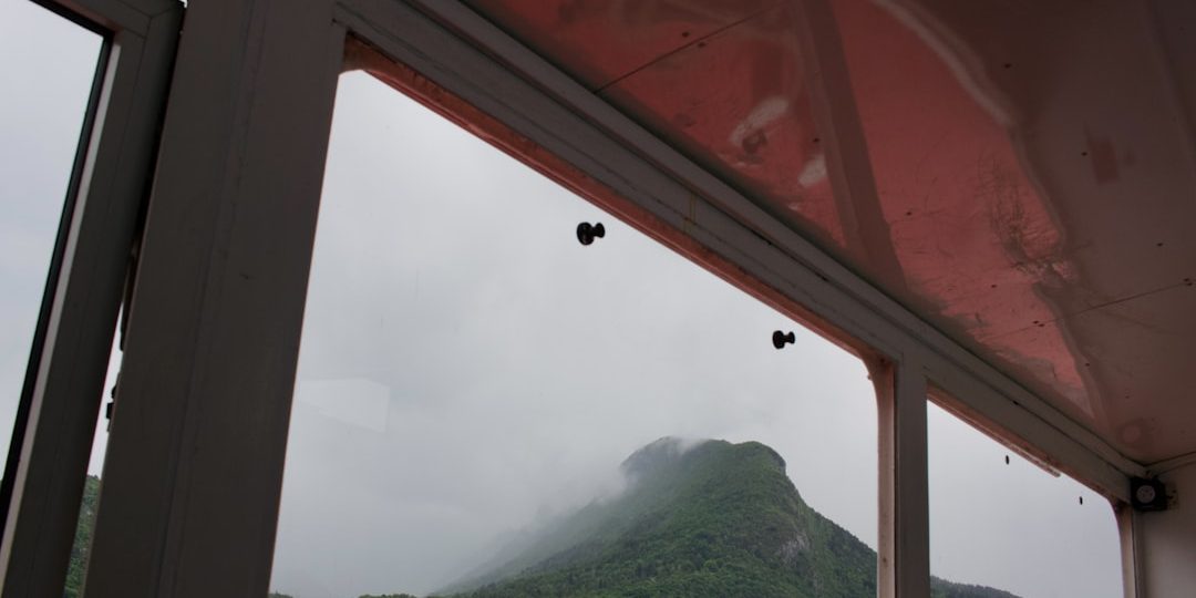 Misty mountain view from a window with a red ceiling.