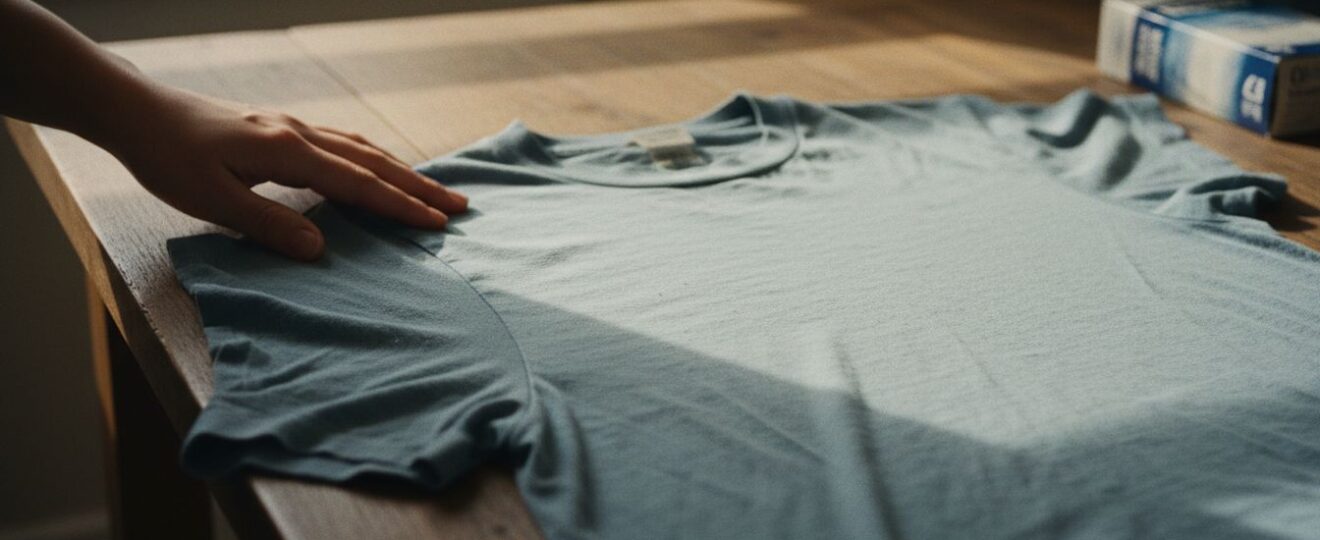 main pliant un vêtement bleu clair sur une surface en bois dans un intérieur épuré