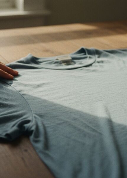 main pliant un vêtement bleu clair sur une surface en bois dans un intérieur épuré